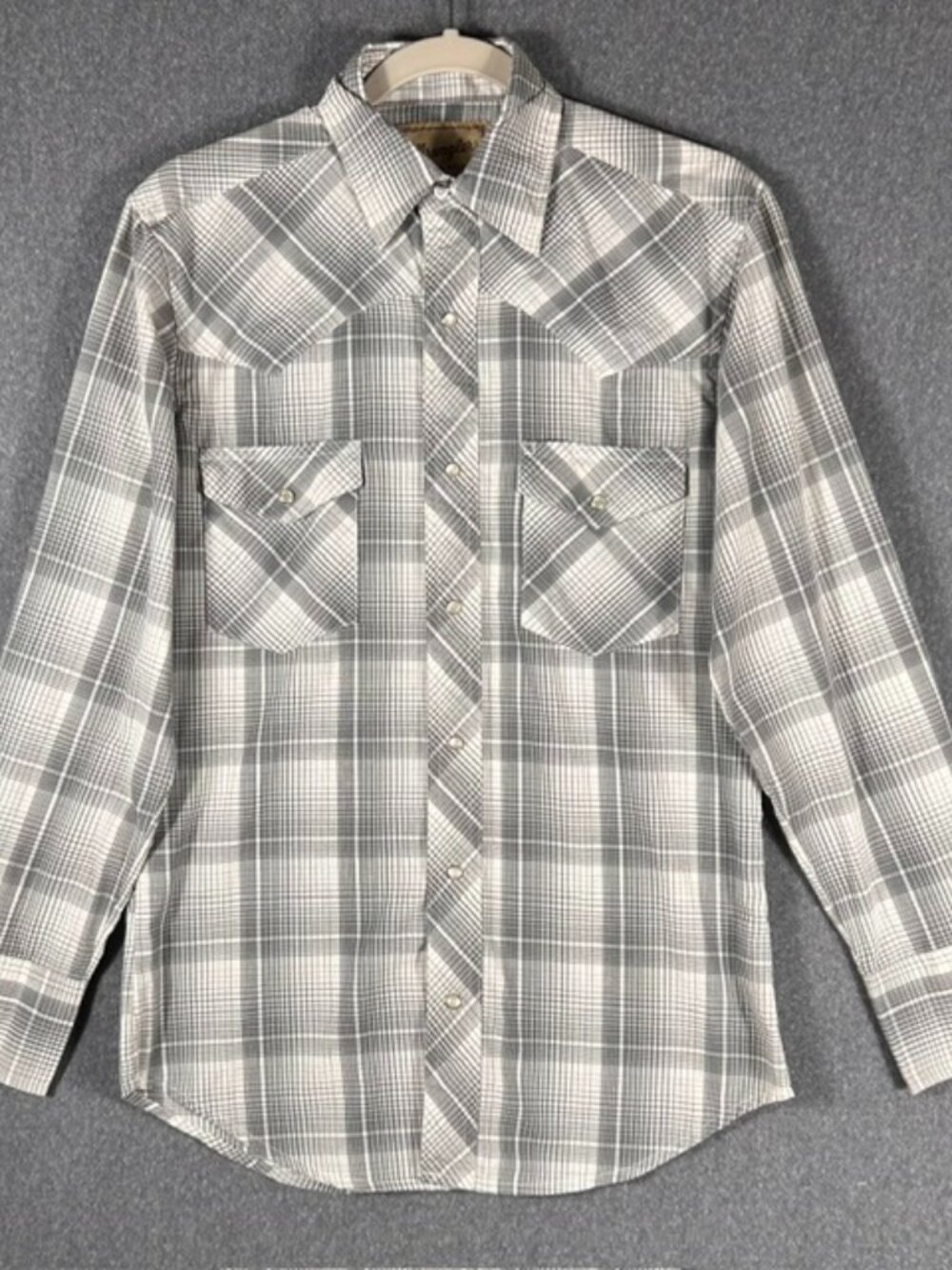 Wrangler Western Shirt Mens Size S White Gray Plaid Long Sleeve Pearl Snap Front